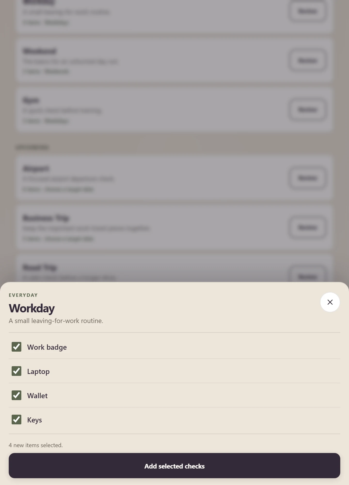 BeforeGo current Pack review sheet with selectable checks
