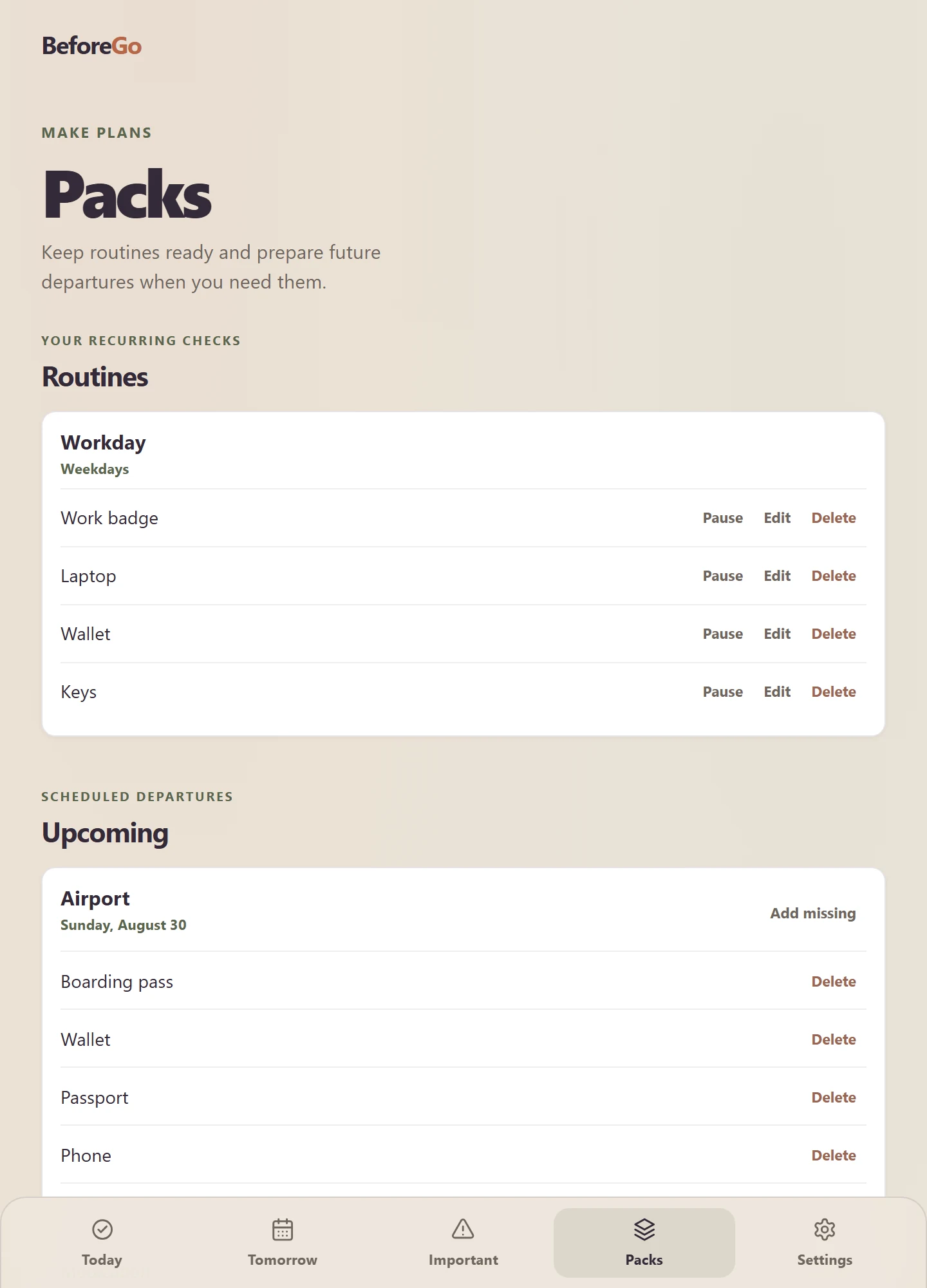 BeforeGo Packs showing Routines, Upcoming, and the Pack library