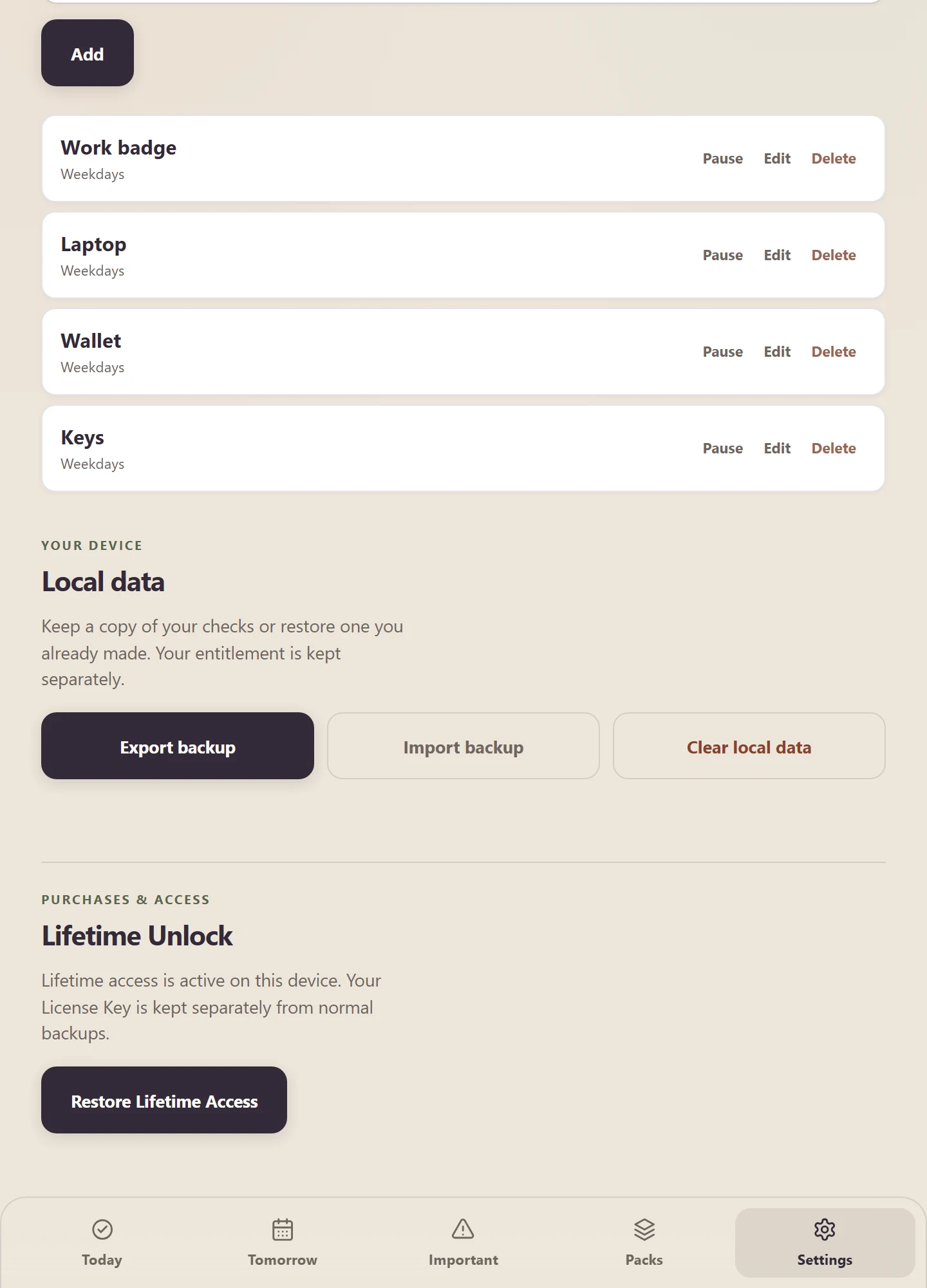 BeforeGo Settings showing Lifetime Unlock access