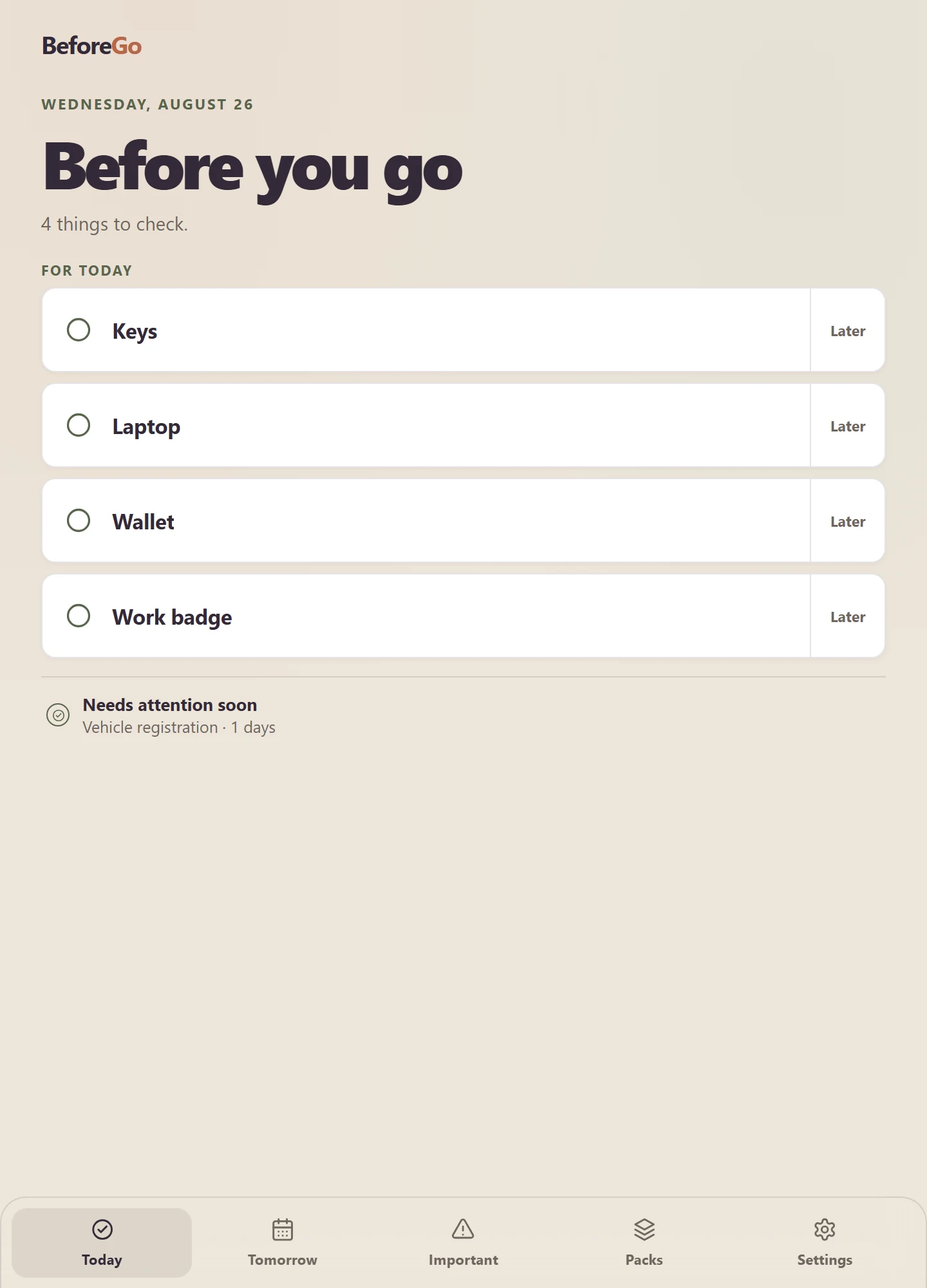 BeforeGo Today with a current Workday checklist