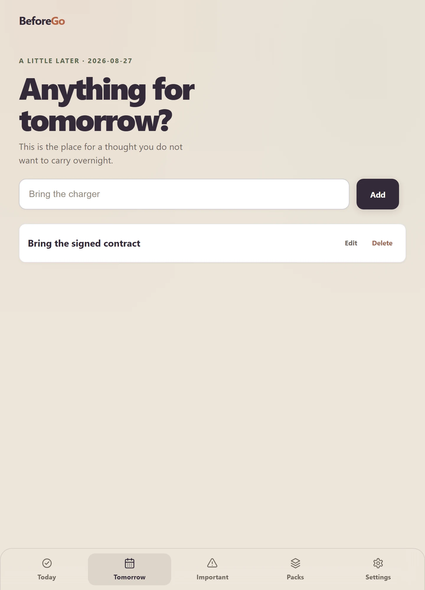 BeforeGo Tomorrow with a saved thought
